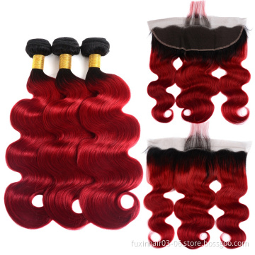 9a 2T Ombre Peruvian Body Wave 1B Red Bundles And Lace Frontals With Baby Hair
